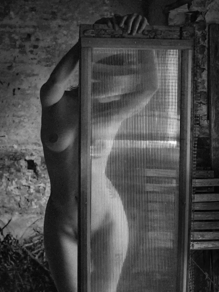 Portrait artistique, figure féminine partiellement dissimulée derrière une porte-fenêtre.